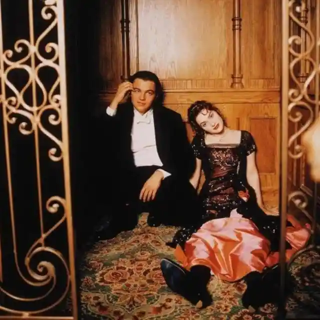 Leonardo DiCaprio and Kate Winslet on the set of "Titanic". (1997)