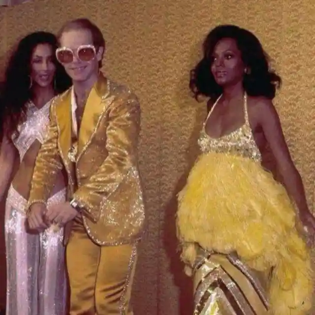 Elton John, Diana Ross, and Cher backstage at the Grammy Awards. (1975)