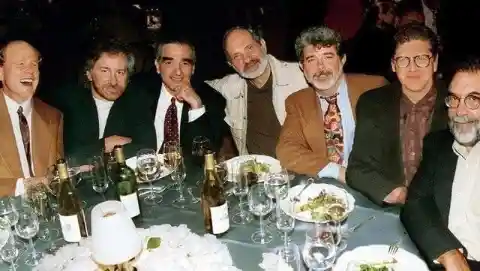 Ron Howard, Steven Spielberg, Martin Scorsese, Brian De Palma, George Lucas, Robert Zemeckis and Francis Ford Coppola celebrating Lucas's 50th birthday in 1994.