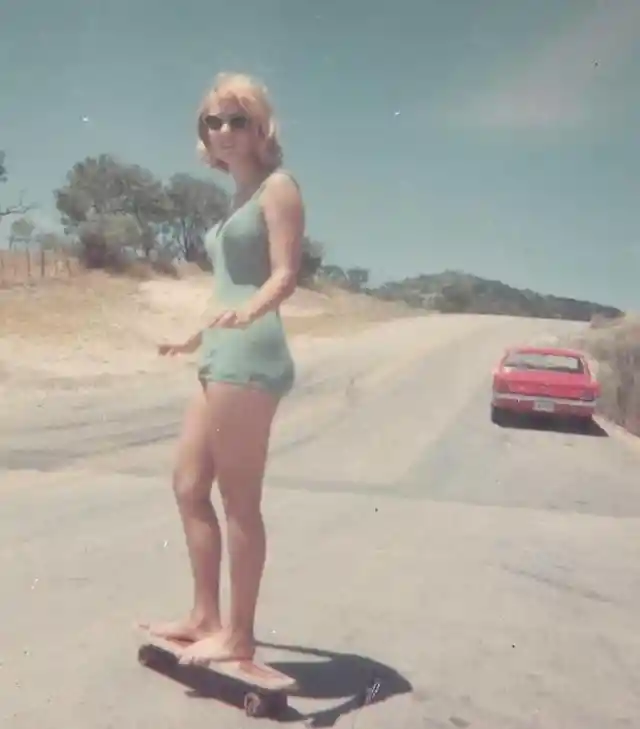 Barefootin' on a skateboard in the summer of '65, with a cool Mustang in the background, near Garner State Park, Texas.