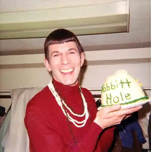 A happy Leonard Nimoy with a Hobbit hole cake in honor of his song The Ballad of Bilbo Baggins, 1968.