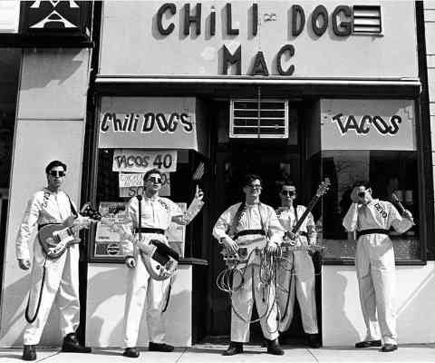 Devo in front of Akron's 'Chili Dog Mac' in 1978.