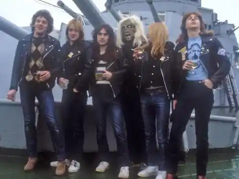 Iron Maiden, with their mascot Eddie, on a battleship in 1981.